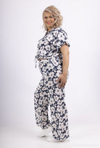 Plus Size Blommig Kortärmad Skjorta och Byxor Set