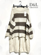 Stickad set med randig tröja och enfärgade byxor storlek T38 till T48+