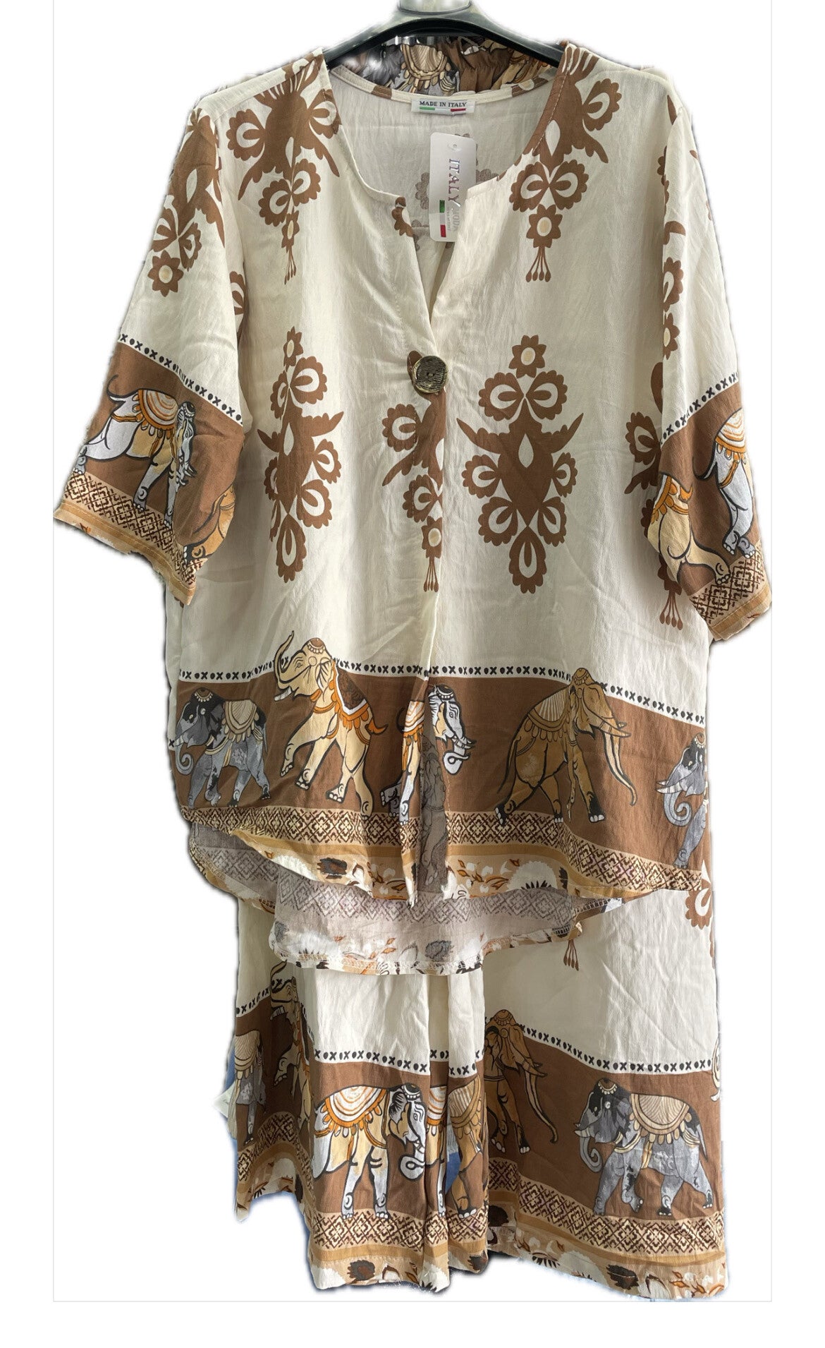 Tunicset med Byxor i Färgglad Mönstrad Viskos och Elefanter T36 till T46 i Stor Storlek