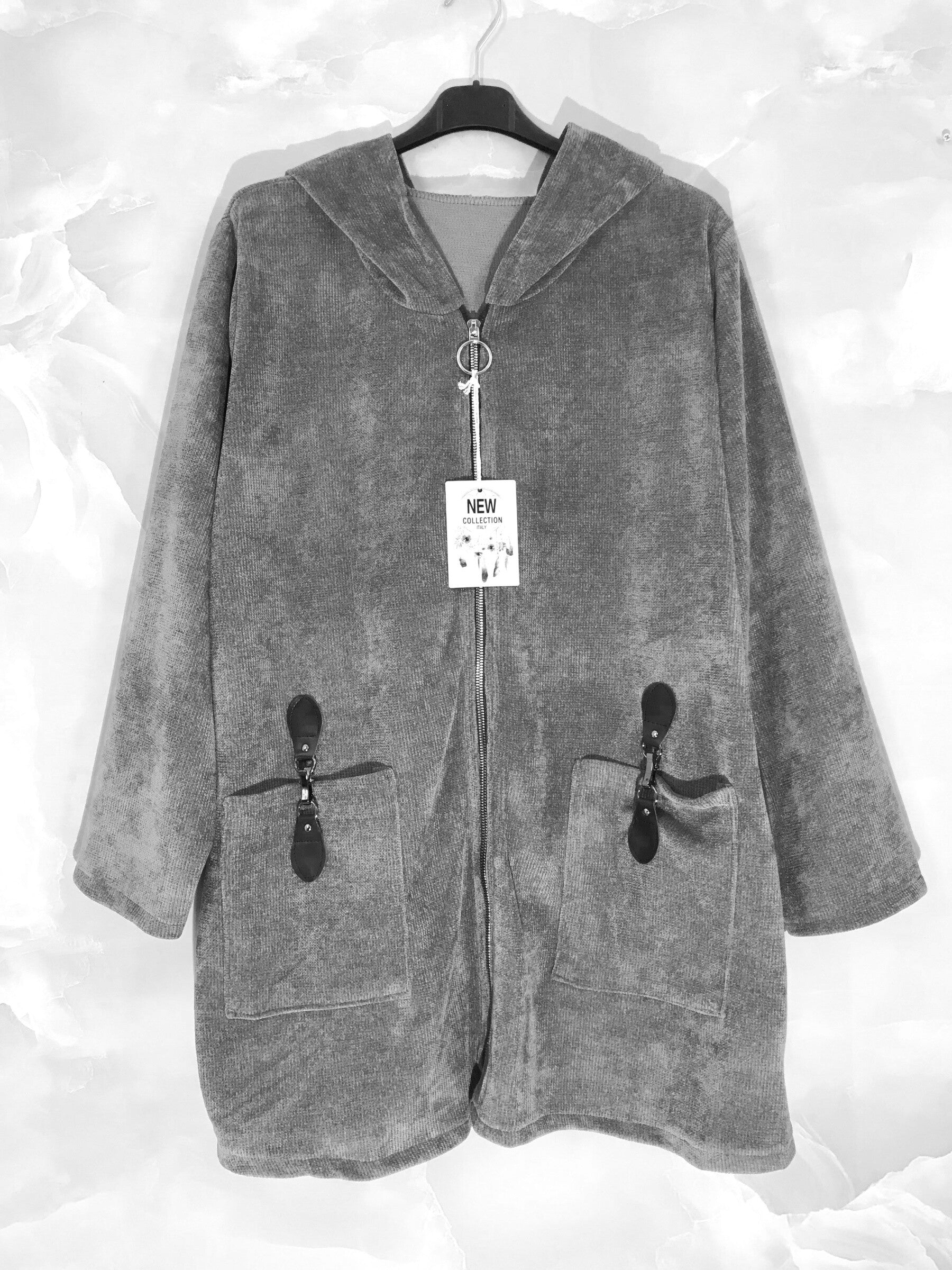 Plus Size Velvet hooded vest with accessories on the pockets