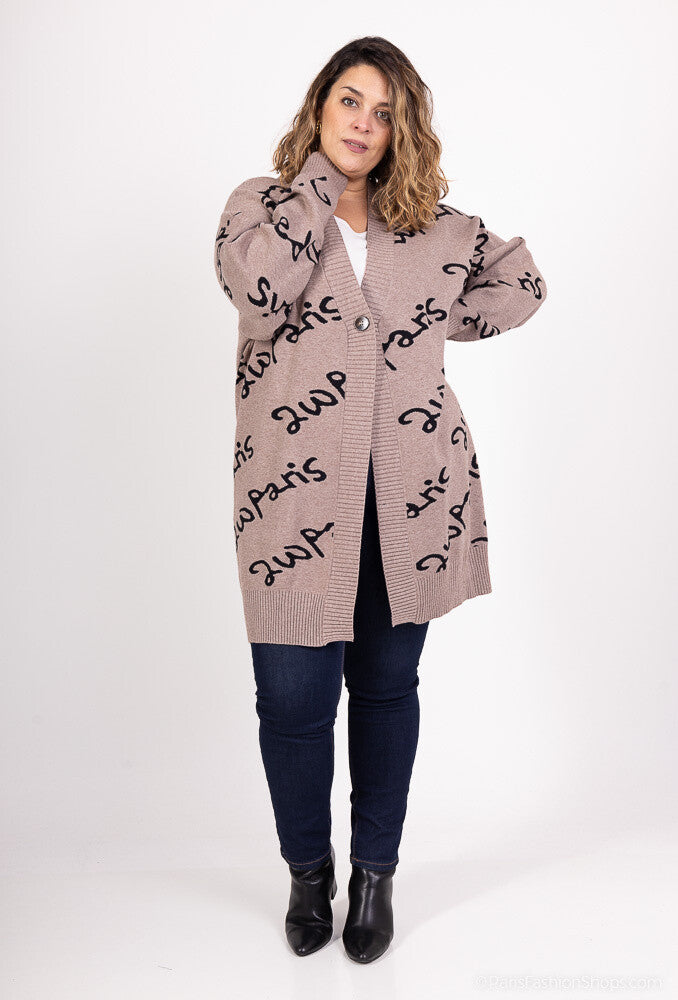 Plus Size Brevmönstrad Cardigan 2Wparis med Knapp