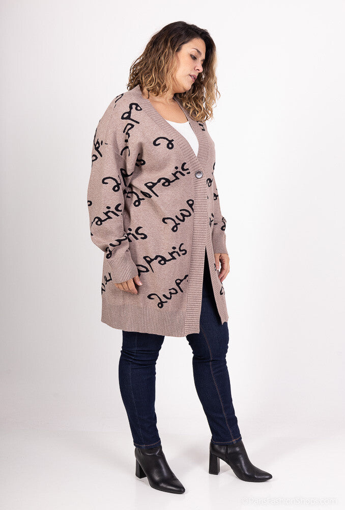 Plus Size Brevmönstrad Cardigan 2Wparis med Knapp