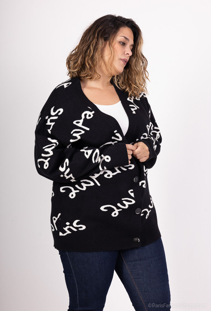 Plus Size Cardigan med Bokstavsmönster och Knappar