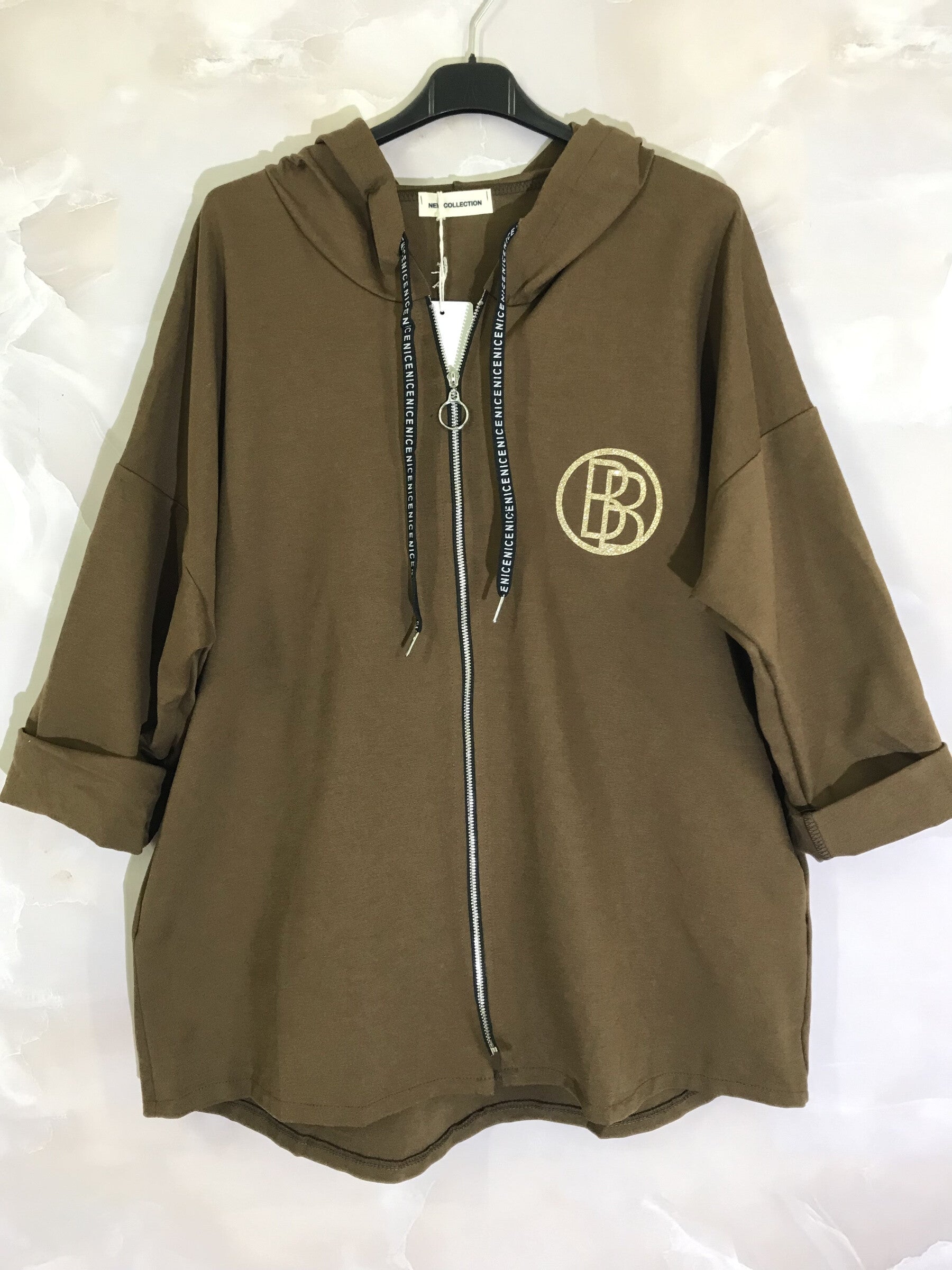 Plus Size Vest with hood and zipper with gold logo in Milano
