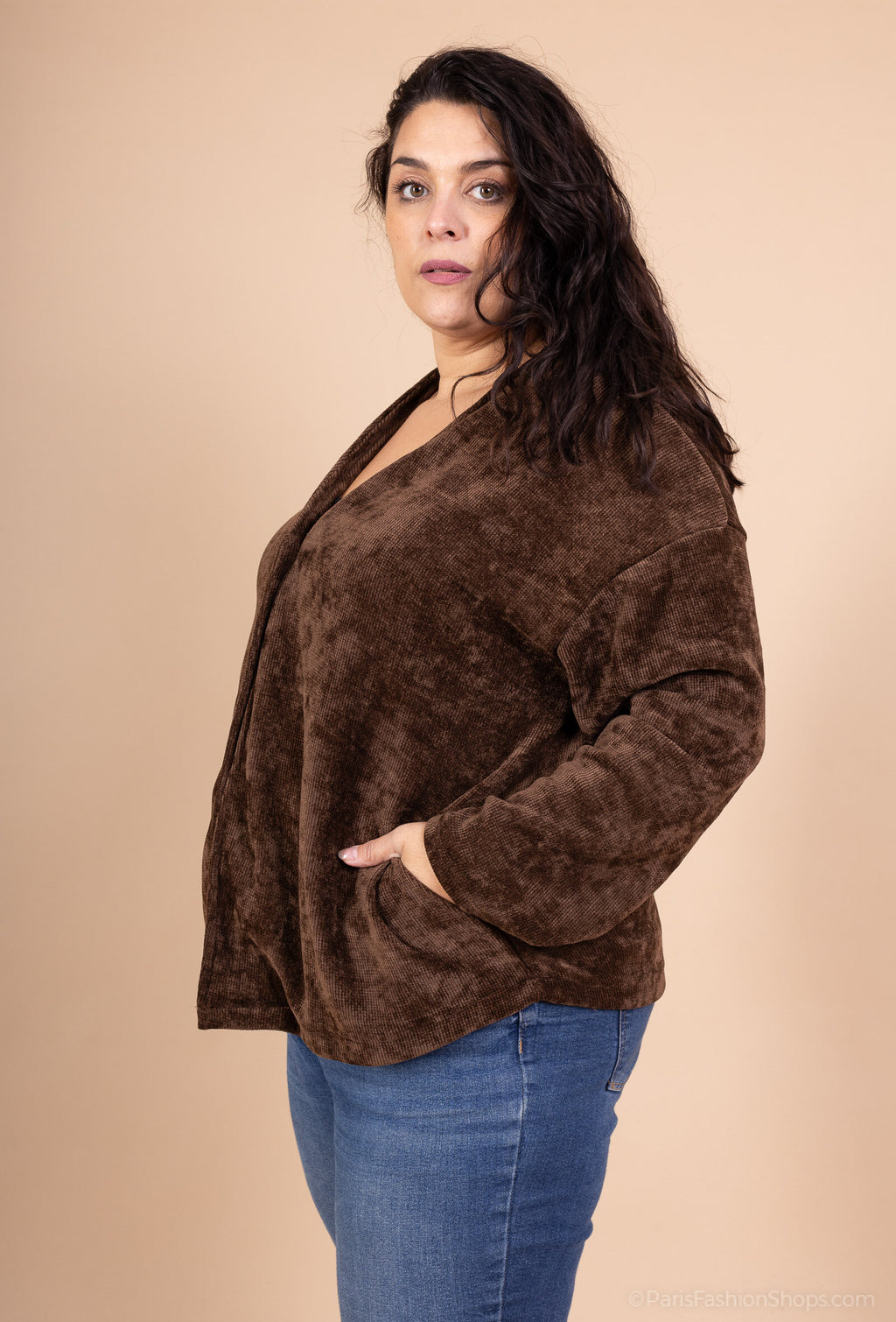 Buttoned Velvet Pocket Cardigan i Stor Storlek 38-50