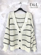 Knäppt Stickad Kofta med Randning i Storlekar 38 till 52