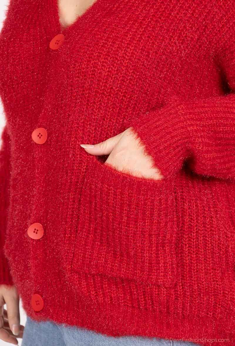 Plus Size Fluffy Cardigan med Knappar och Fickor, Storlekar T38 till T50
