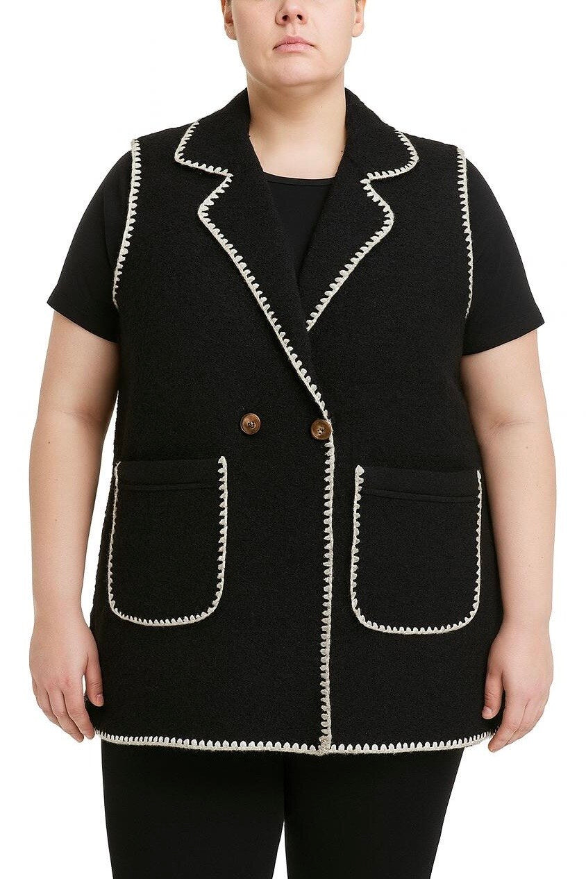 Boiled Wool Effect Vest med Topstitching i Stor Storlek
