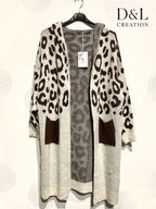 Lång leopardmönstrad hoodie cardigan i plusstorlek 38 till 52
