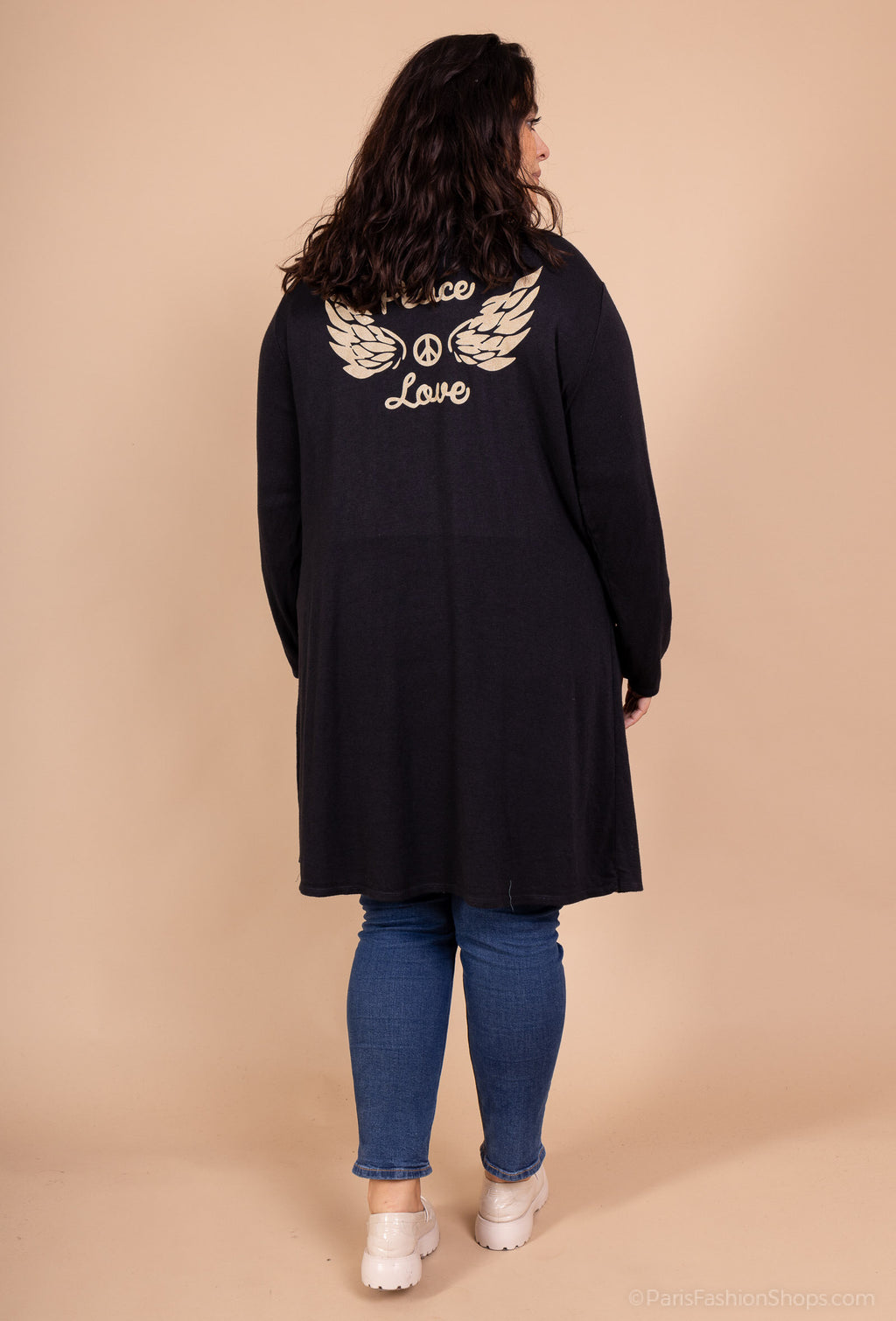 Soft long cardigan with Peace & Love print i Stor Storlek