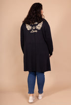 Soft long cardigan with Peace & Love print i Stor Storlek