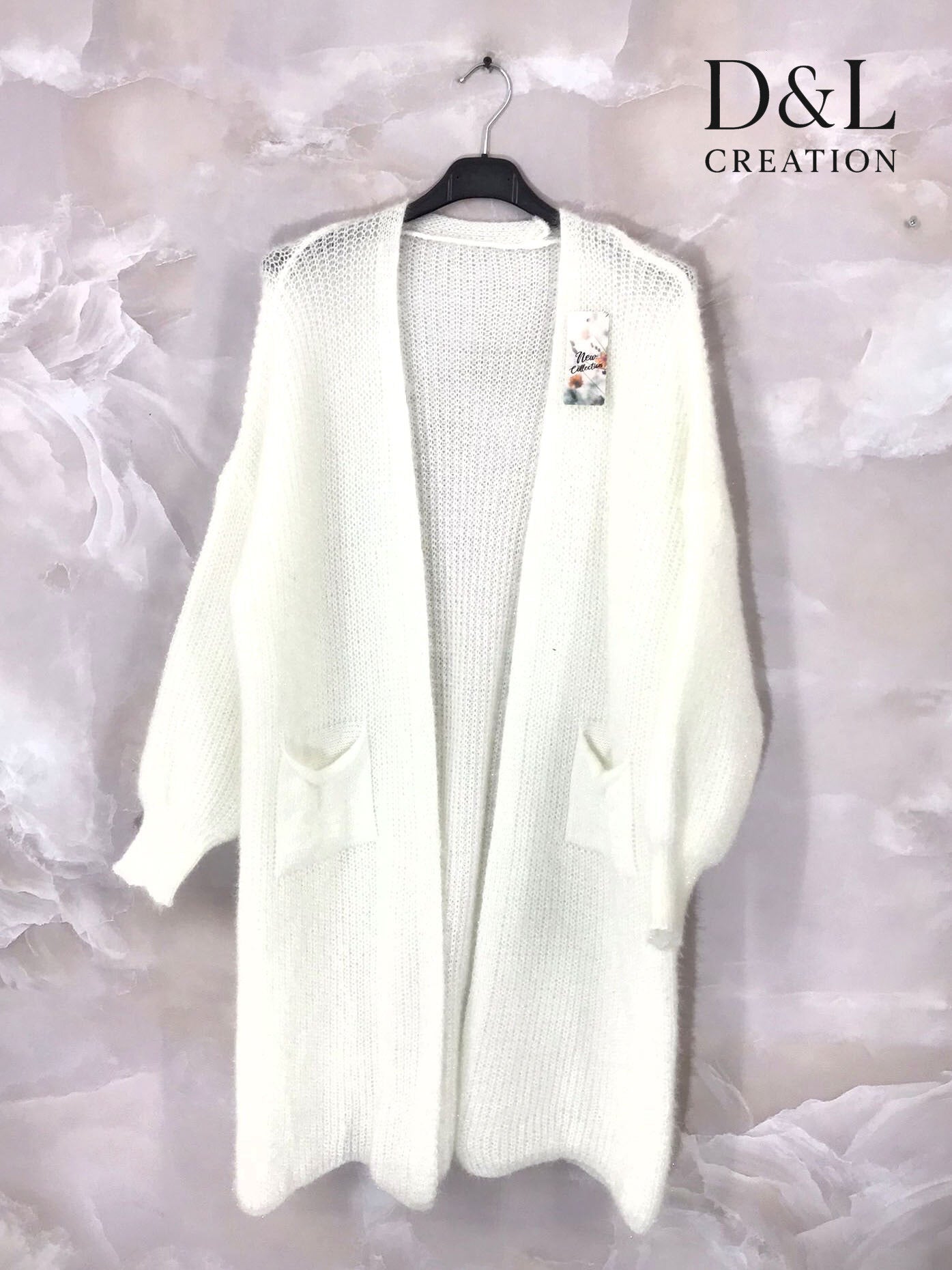 Fluffig lång cardigan med fickor, storlekar T38 till T52 i plusstorlek