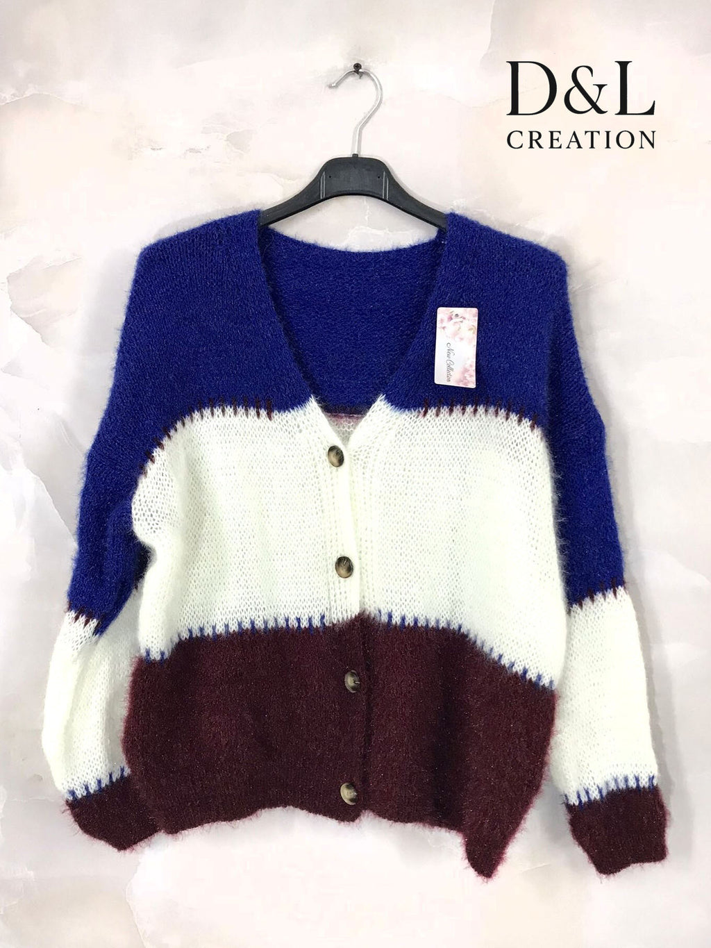 Trefärgad stickad cardigan med ull, storlekar 38 till 50 i Stor Storlek