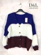 Trefärgad stickad cardigan med ull, storlekar 38 till 50 i Stor Storlek