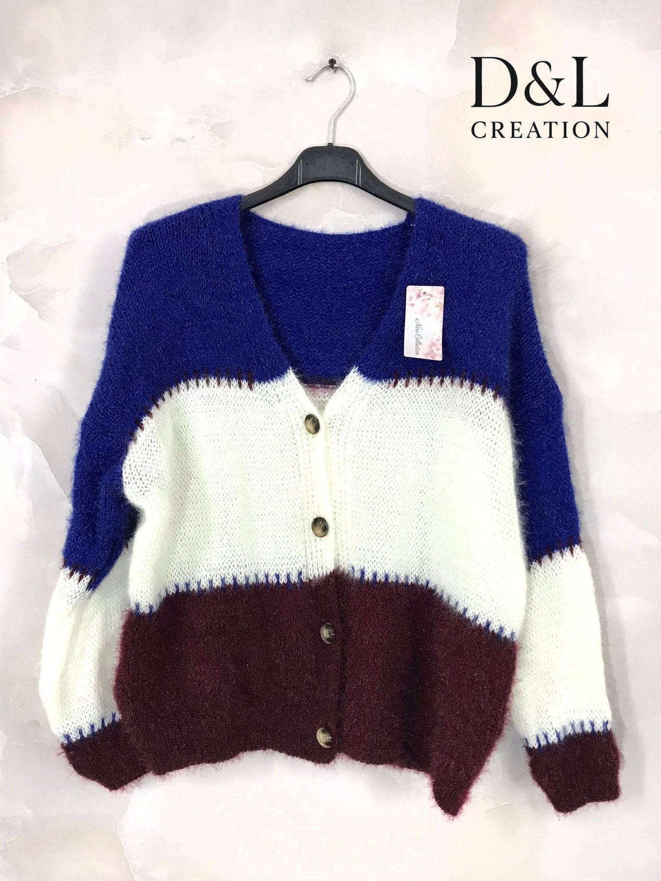 Trefärgad stickad cardigan med ull, storlekar 38 till 50 i Stor Storlek