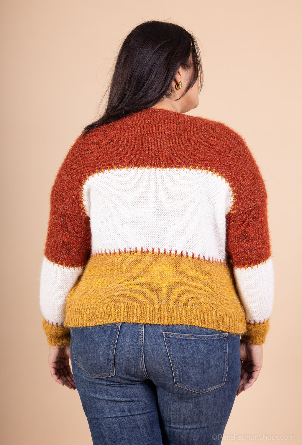 Trefärgad stickad cardigan med ull, storlekar 38 till 50 i Stor Storlek