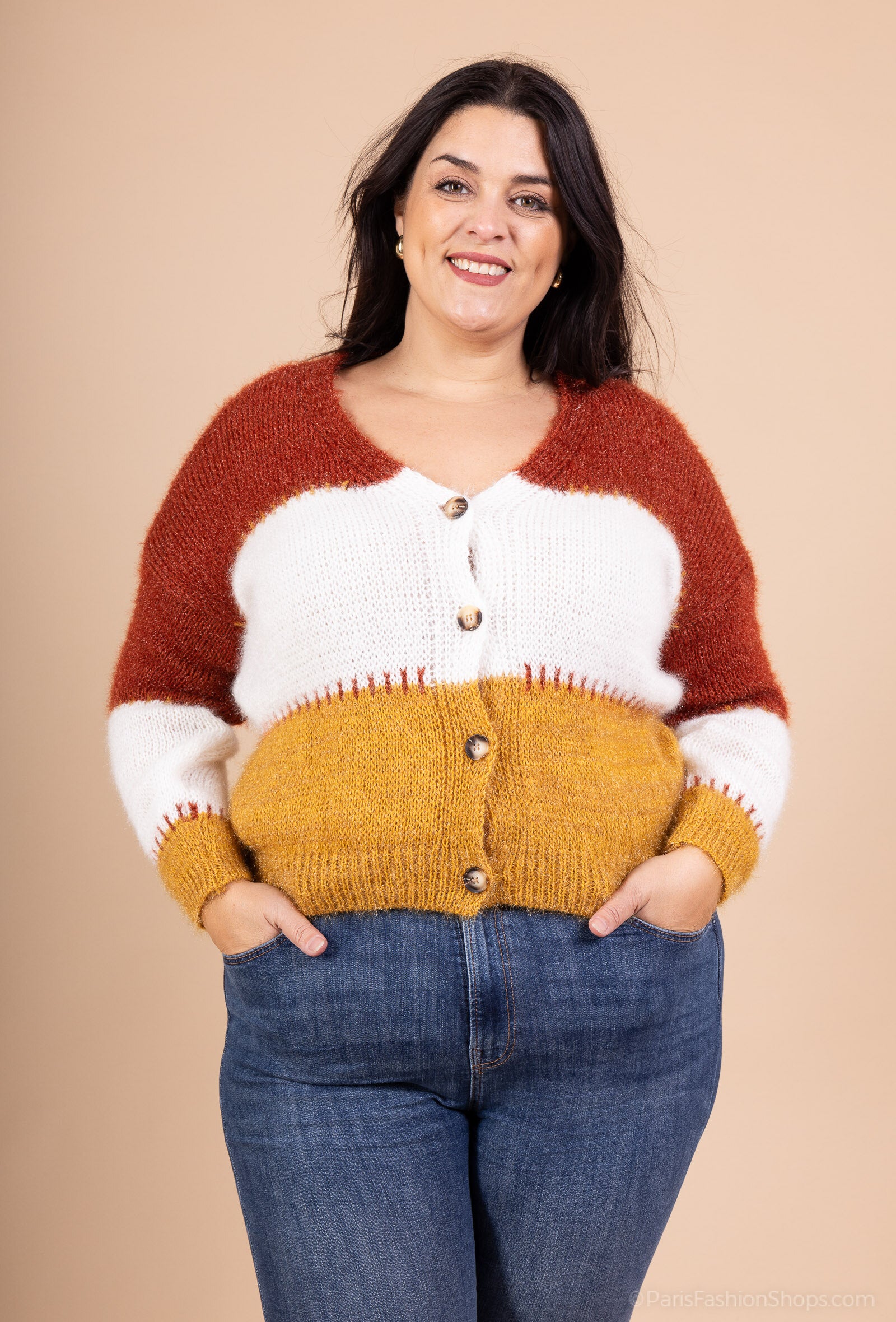 Three-tone knitted cardigan with wool