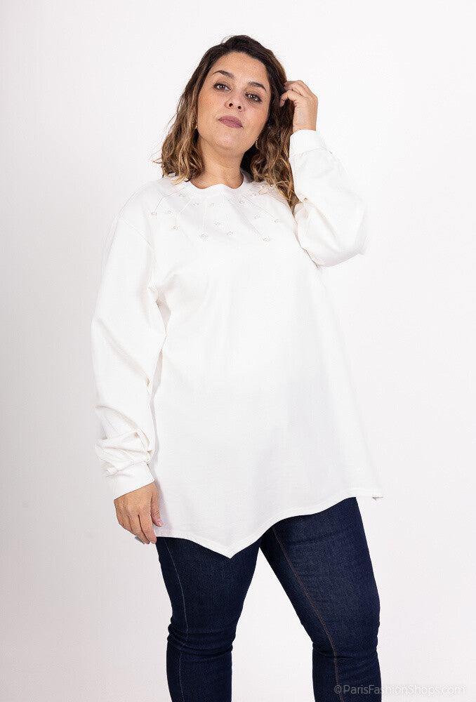 Plus Size Pearl Collar Top med Puffärmar