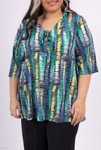 Plus Size V-ringad Blus med Tryck och Fluid Knut