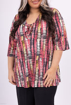 Plus Size V-ringad Blus med Tryck och Fluid Knut