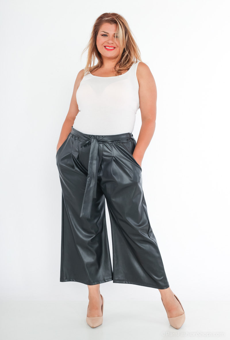 Plus Size Faux Leather Culottes with Belt