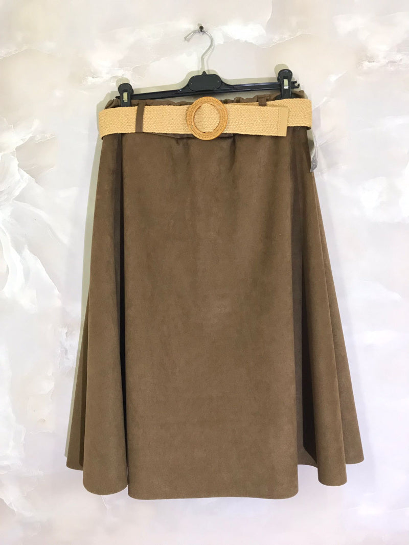 Plus Size Flared Suede Skirt with Belt