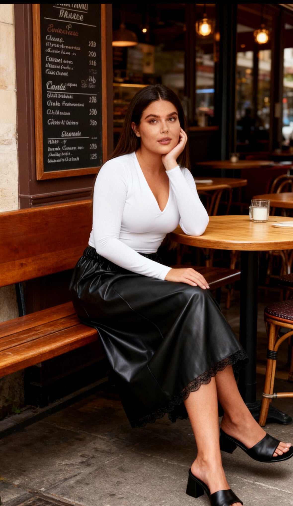 Plus size faux leather skirt with lace patchwork and flared cut i Stor Storlek