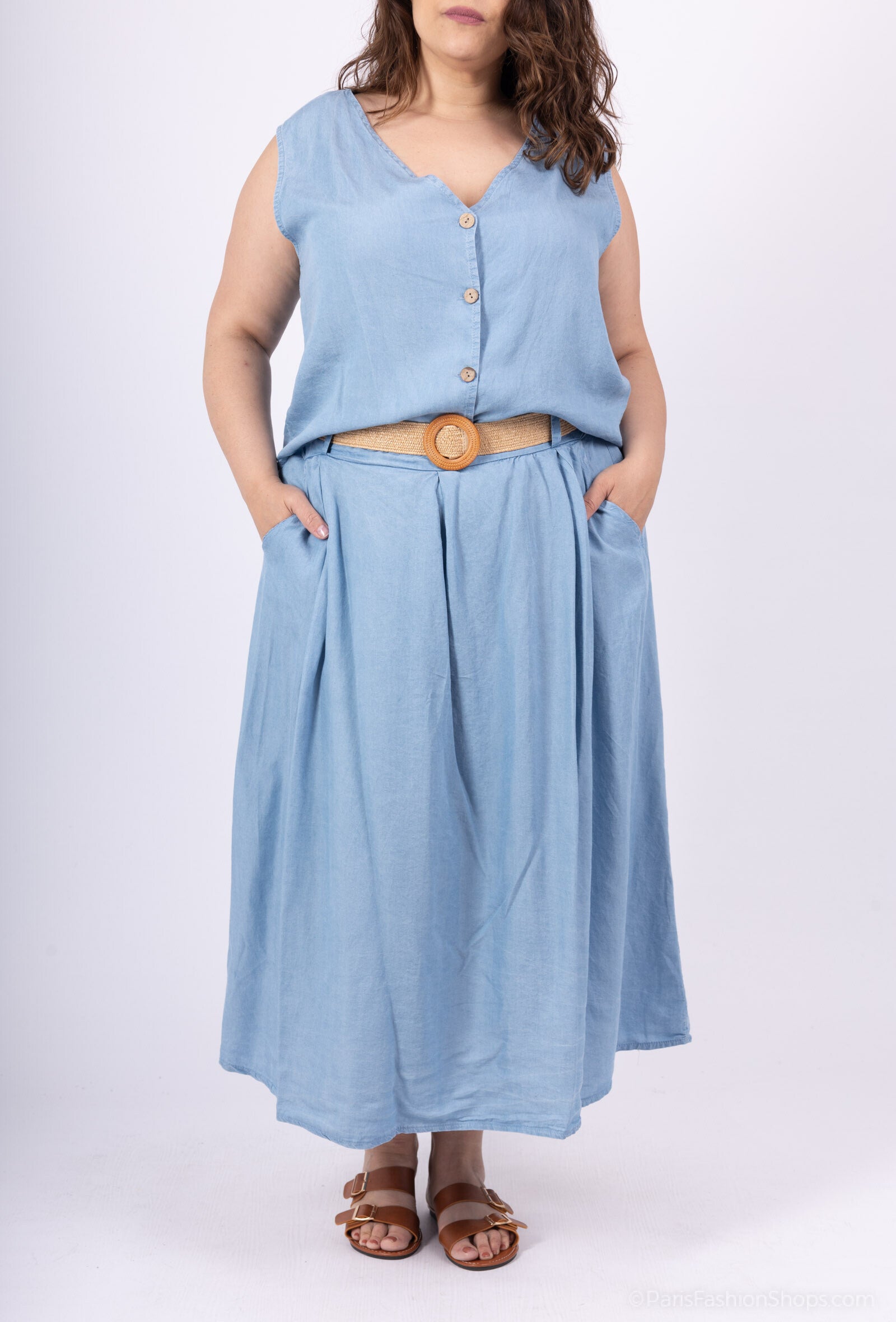 Plus Size Long flared skirt with Tencel T38 denim belt at T52