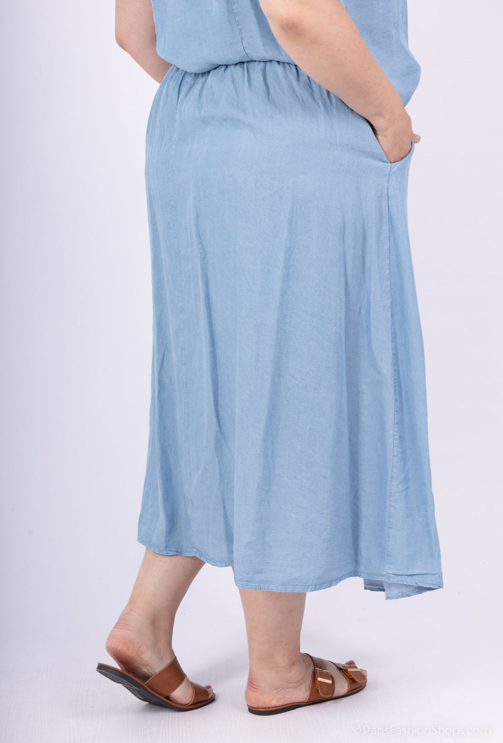 Plus Size Lång Flared Kjol med Tencel T38 Denim Bälte