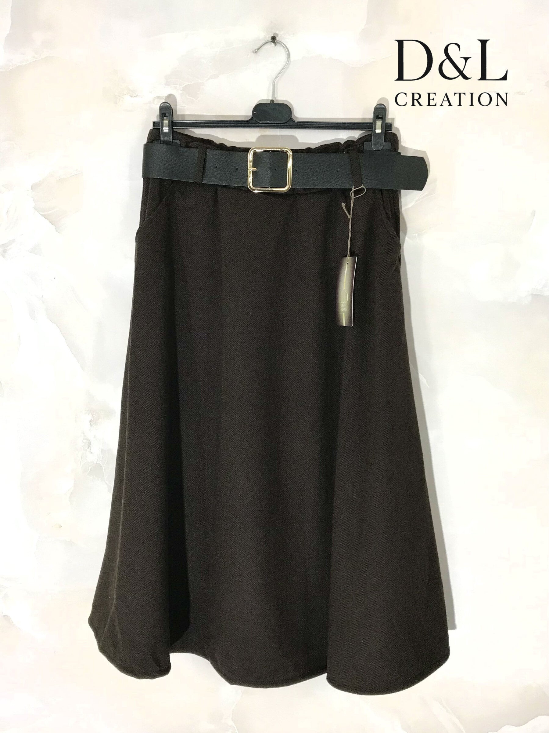 A-linje Midi Kjol med Fickor och Bälte i Storlek T36 till T44