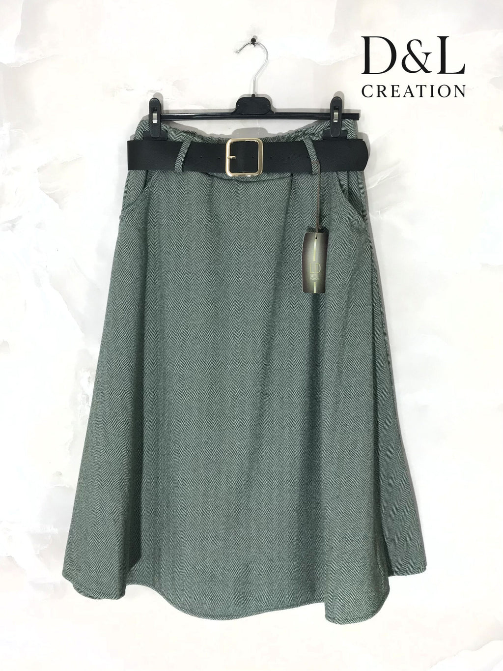 A-linje Midi Kjol med Fickor och Bälte i Storlek T36 till T44