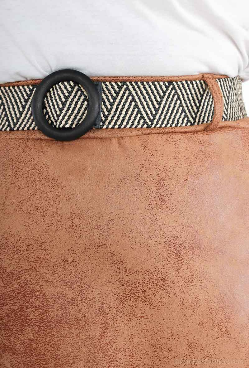 Plus Size Faux Leather Midi Skirt med Justerbart Bälte