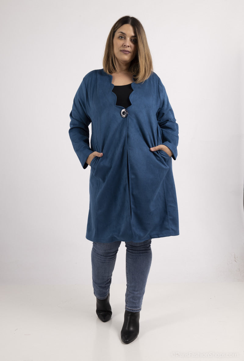 Plus Size Suedette Knappar-Down Kappa med Halvcirkelformad Halsringning
