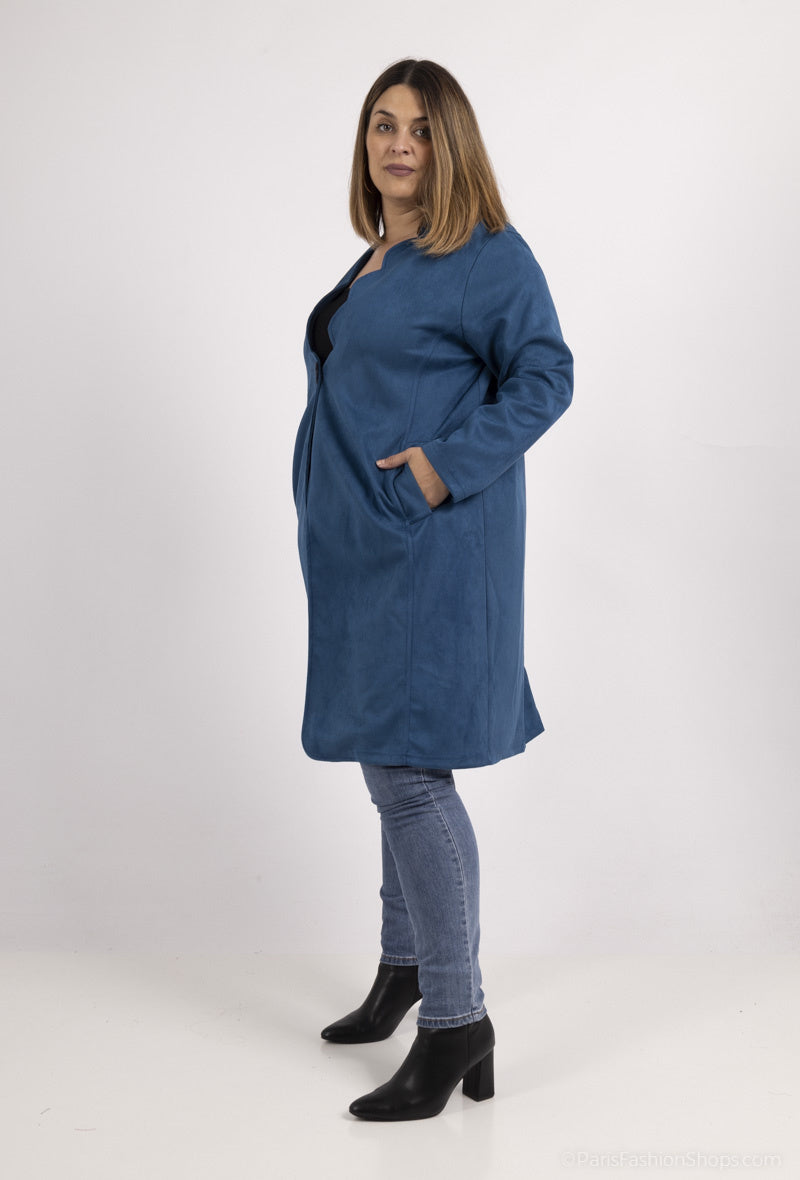 Plus Size Suedette Knappar-Down Kappa med Halvcirkelformad Halsringning
