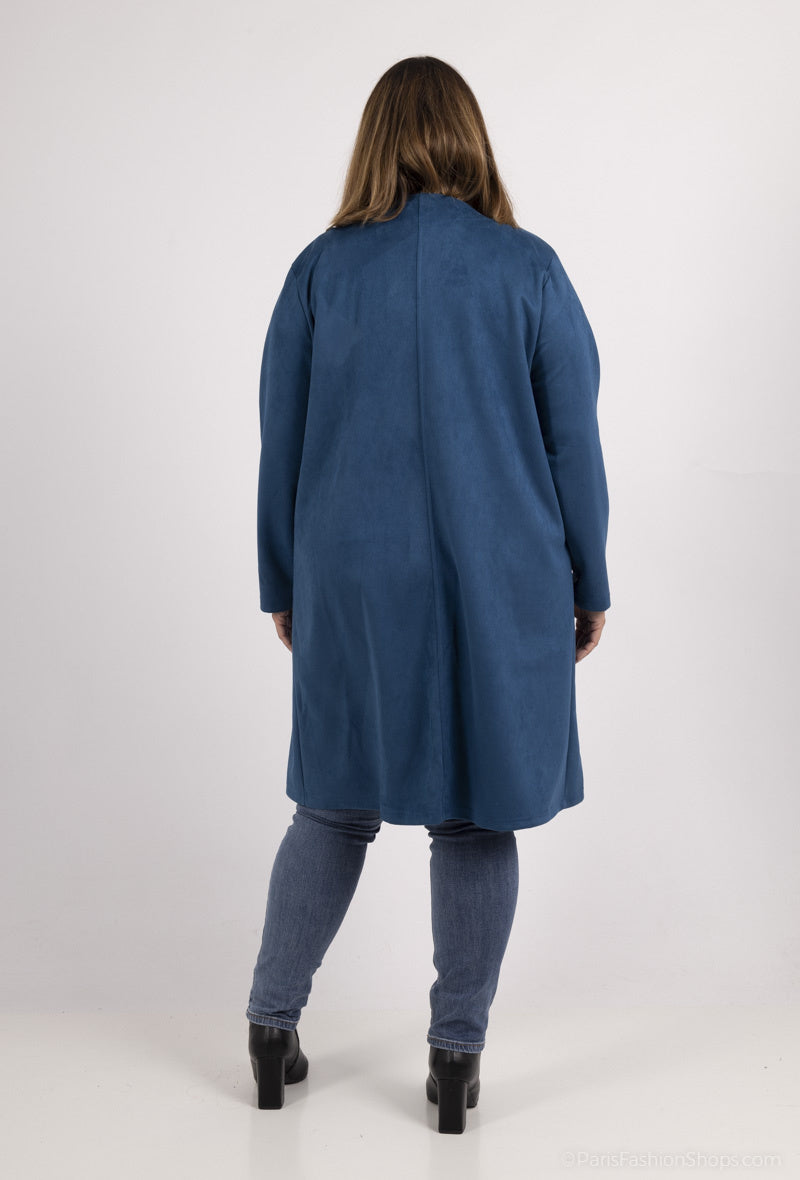 Plus Size Suedette Knappar-Down Kappa med Halvcirkelformad Halsringning