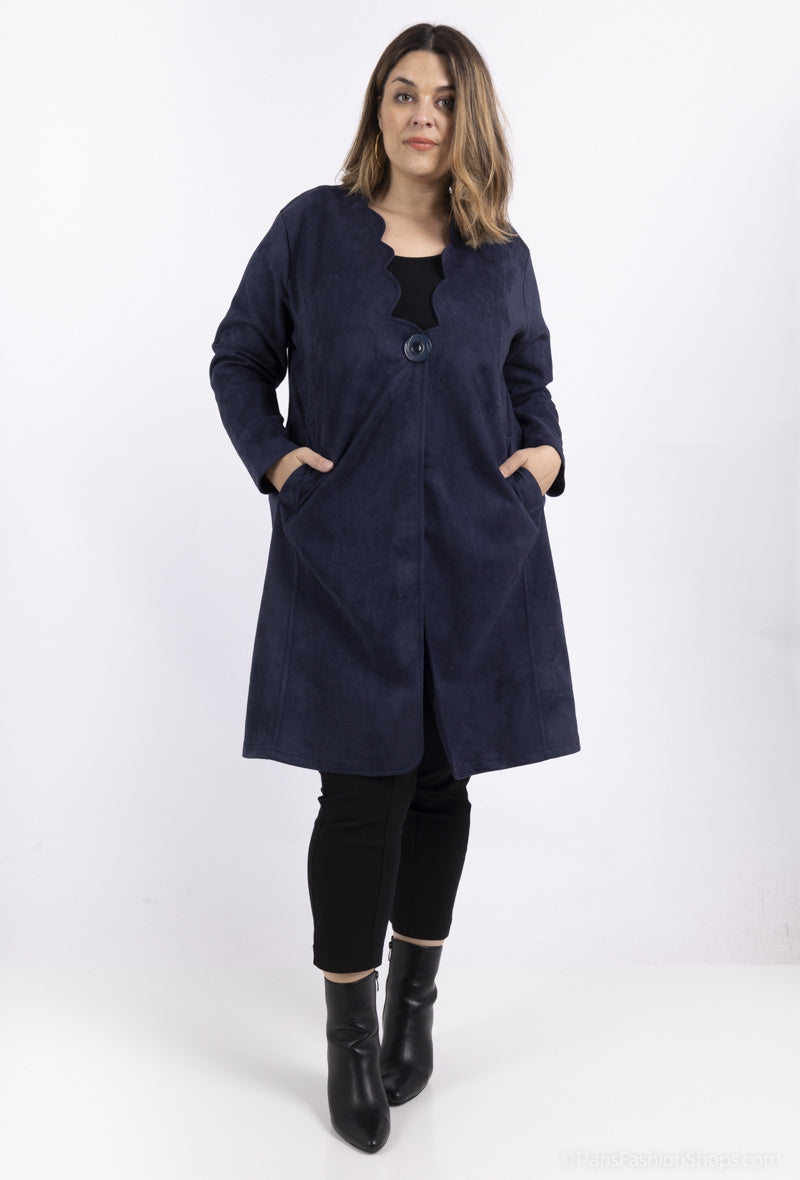 Plus Size Suedette Button-Down Coat with Half-Circle Neckline