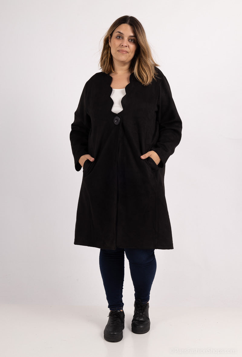 Plus Size Suedette Knappar-Down Kappa med Halvcirkelformad Halsringning