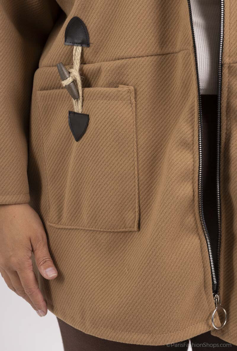 Plus Size Hooded Coat with Zipper and Pockets