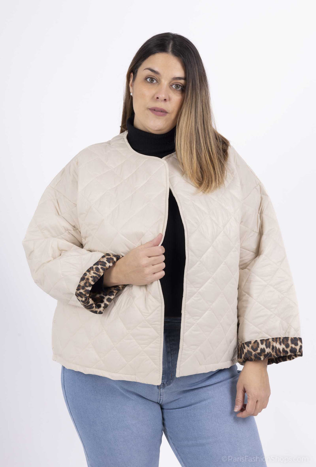 Quilted padded jacket with leopard print lining i Stor Storlek
