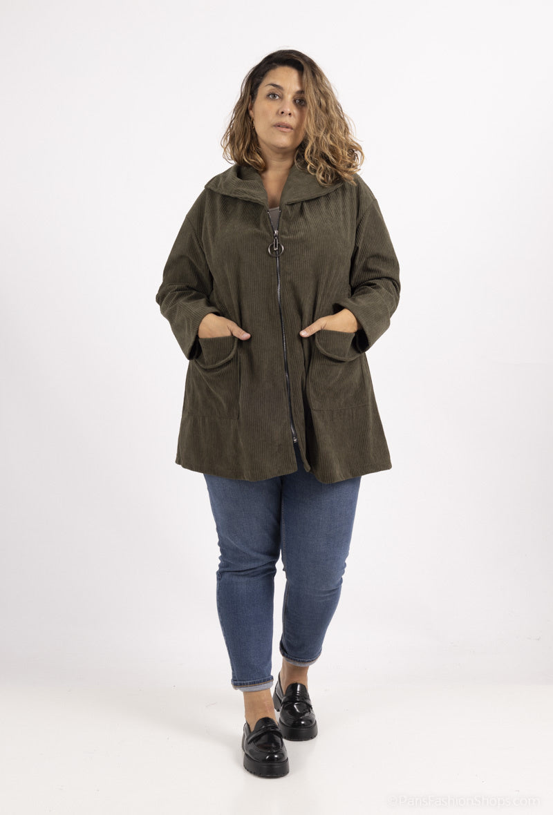 Plus Size Corduroy Coat with Zipped Pockets