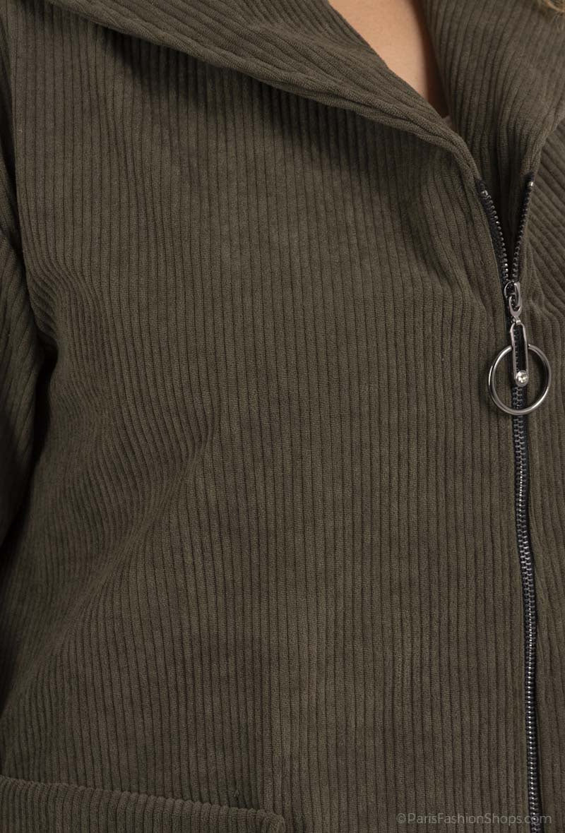 Plus Size Corduroy Coat with Zipped Pockets