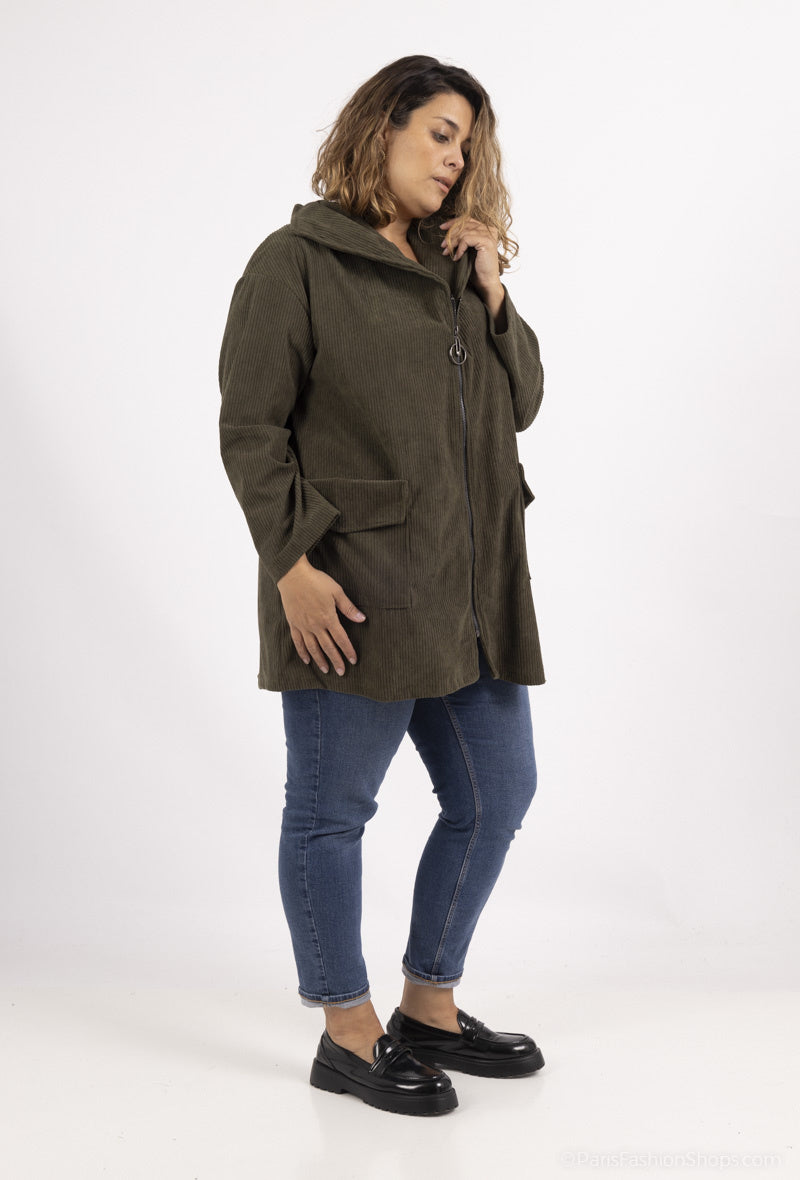 Plus Size Corduroy Coat with Zipped Pockets