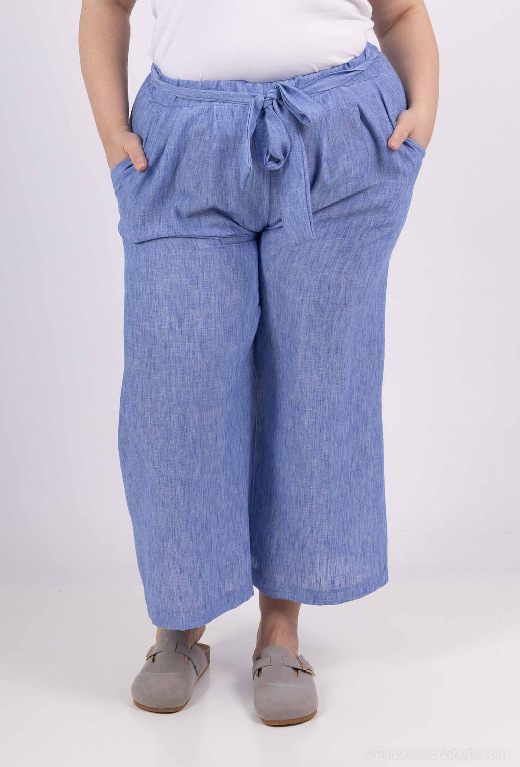 Plus Size Fluid pantacourt evassed with fabric belt like linen in large sizes