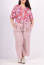 Plus Size Fluid pantacourt evassed with fabric belt like linen in large sizes