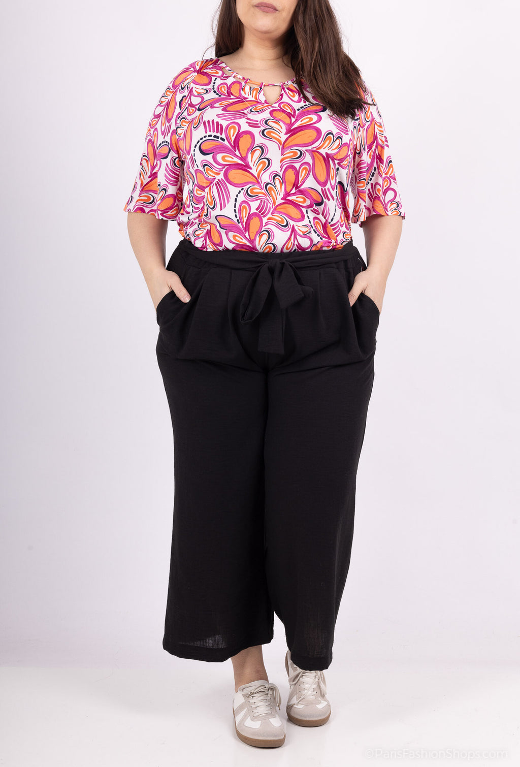 Plus Size Fluid pantacourt evassed with fabric belt like linen in large sizes