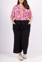 Plus Size Fluid pantacourt evassed with fabric belt like linen in large sizes