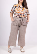 Plus Size Fluid pantacourt evassed with fabric belt like linen in large sizes