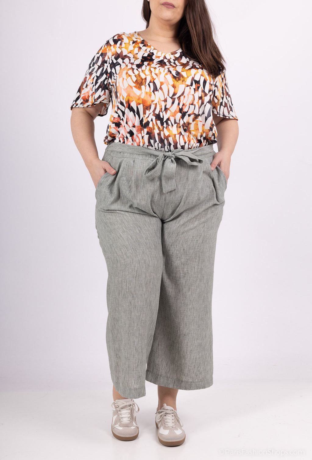 Plus Size Fluid Pantacourt med FabriK Bälte i Linne