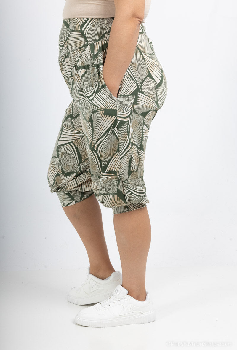 Plus Size Sju-poängs tryckta cropped byxor med elastisk midja