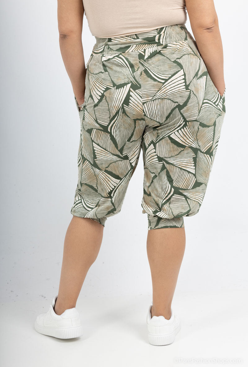 Plus Size Sju-poängs tryckta cropped byxor med elastisk midja